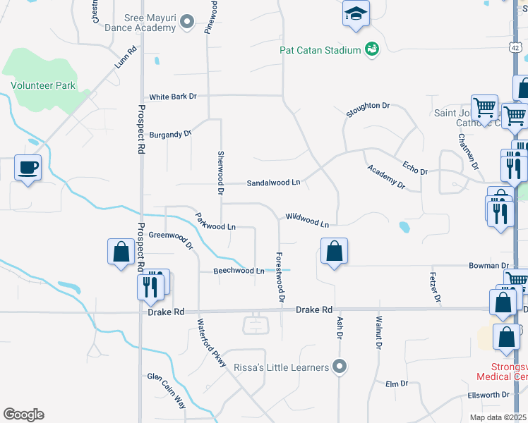 map of restaurants, bars, coffee shops, grocery stores, and more near 20707 Forestwood Drive in Strongsville