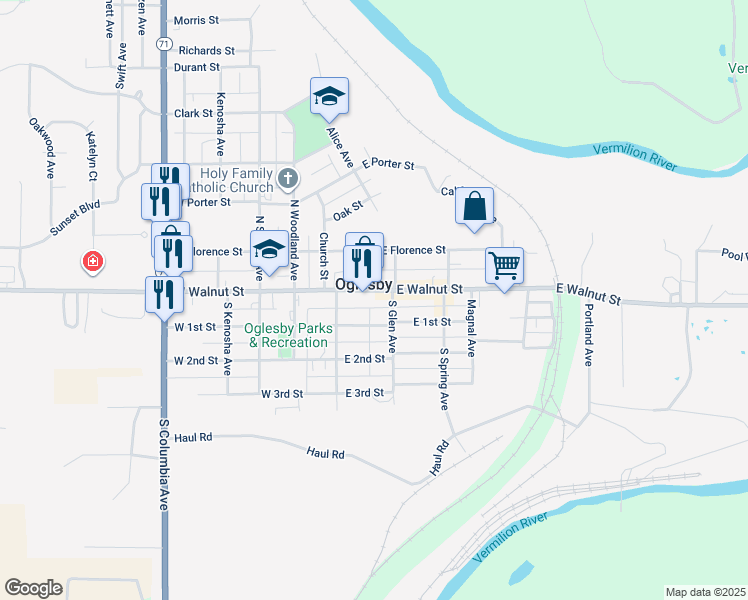map of restaurants, bars, coffee shops, grocery stores, and more near in Oglesby