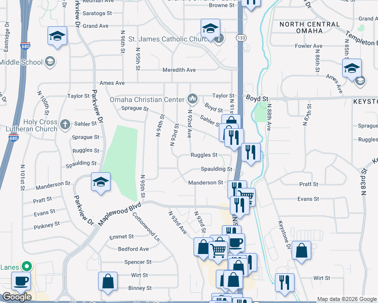 map of restaurants, bars, coffee shops, grocery stores, and more near 4010 North 92nd Avenue in Omaha