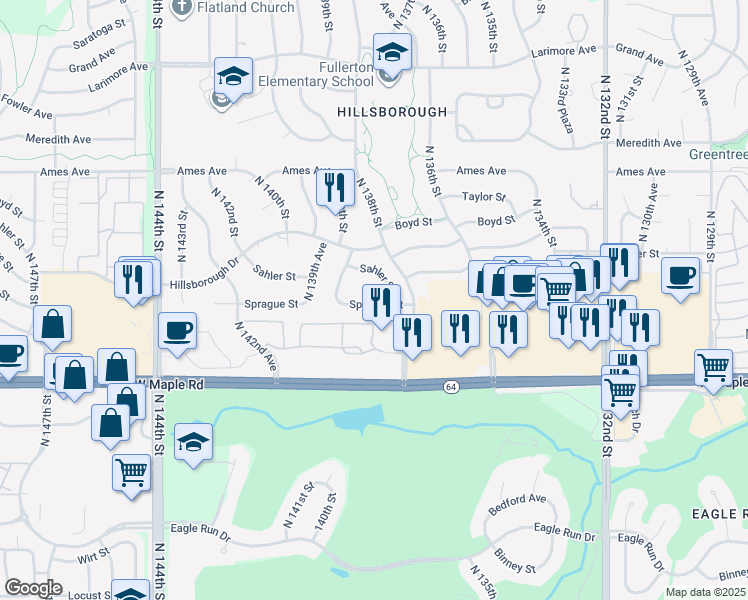 map of restaurants, bars, coffee shops, grocery stores, and more near 13811 Sahler Street in Omaha