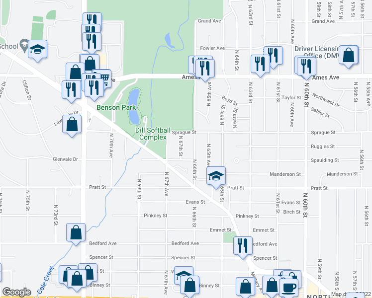 map of restaurants, bars, coffee shops, grocery stores, and more near 3917 North 67th Street in Omaha