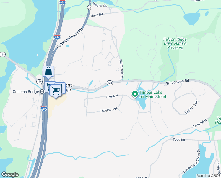 map of restaurants, bars, coffee shops, grocery stores, and more near 300 Waccabuc Road in Goldens Bridge