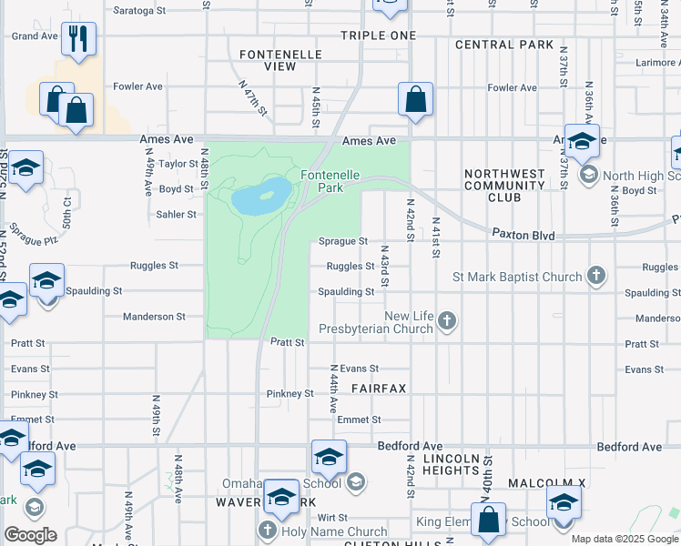 map of restaurants, bars, coffee shops, grocery stores, and more near 4423 Ruggles Street in Omaha