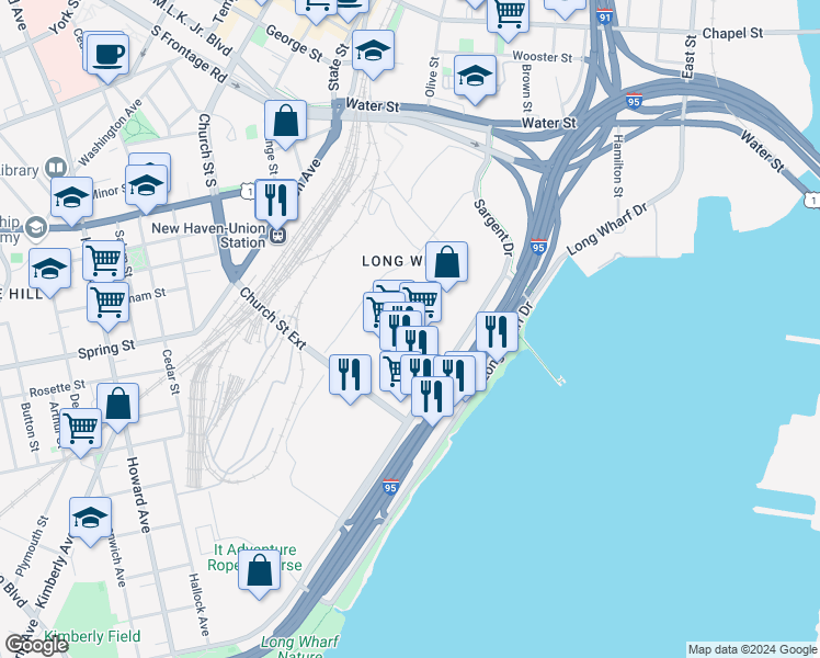 map of restaurants, bars, coffee shops, grocery stores, and more near 307 Food Terminal Plaza in New Haven