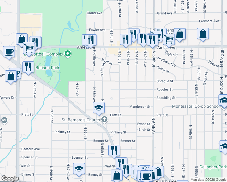 map of restaurants, bars, coffee shops, grocery stores, and more near 6313 Ruggles Street in Omaha