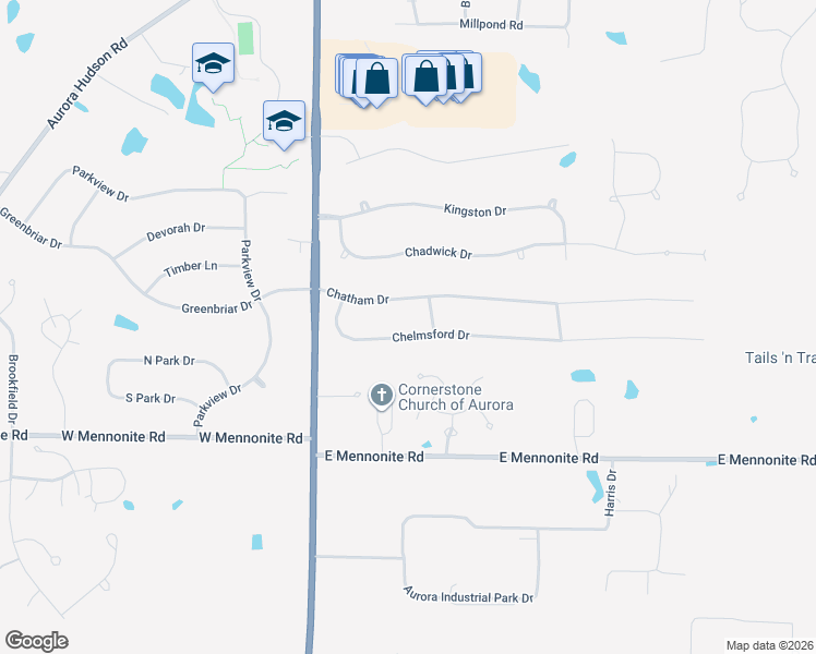 map of restaurants, bars, coffee shops, grocery stores, and more near 97 Chelmsford Drive in Aurora