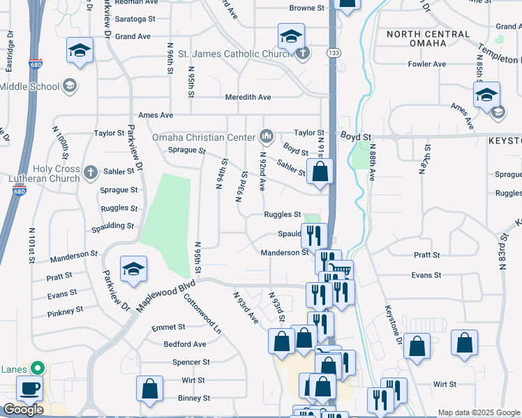 map of restaurants, bars, coffee shops, grocery stores, and more near 4010 North 92nd Avenue in Omaha