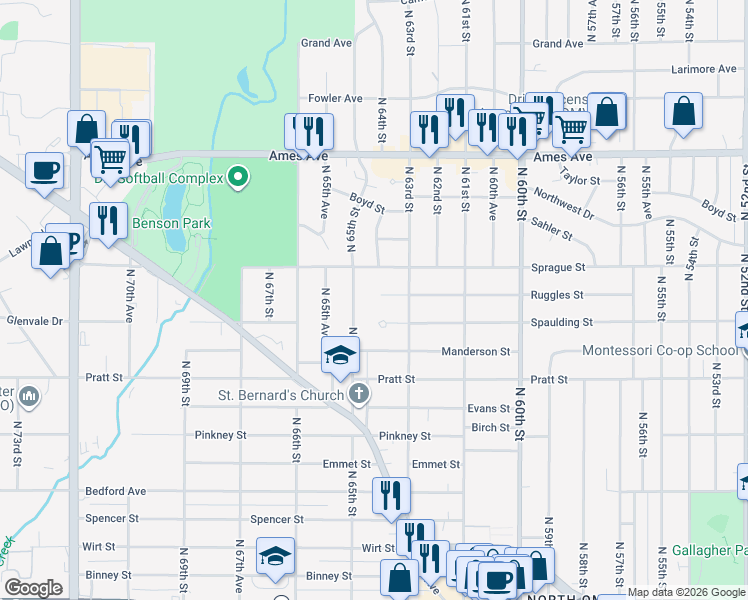 map of restaurants, bars, coffee shops, grocery stores, and more near 6313 Ruggles Street in Omaha