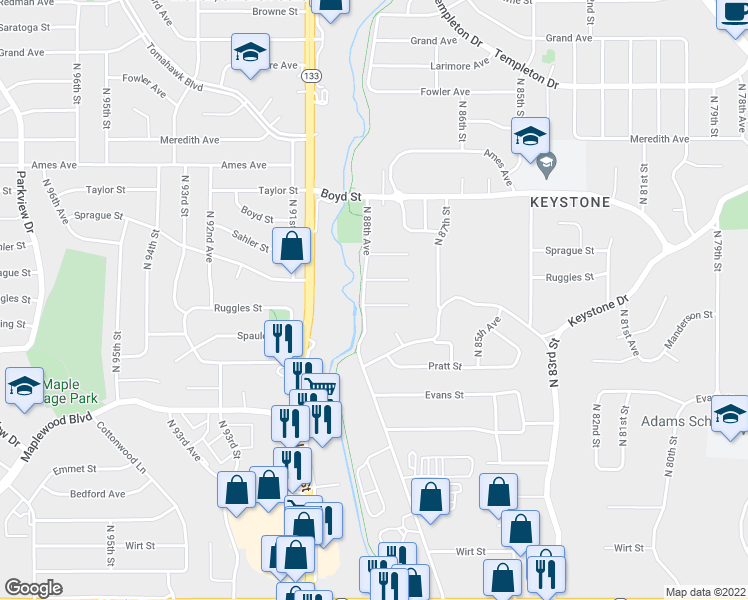 map of restaurants, bars, coffee shops, grocery stores, and more near 8844 Spaulding Circle in Omaha