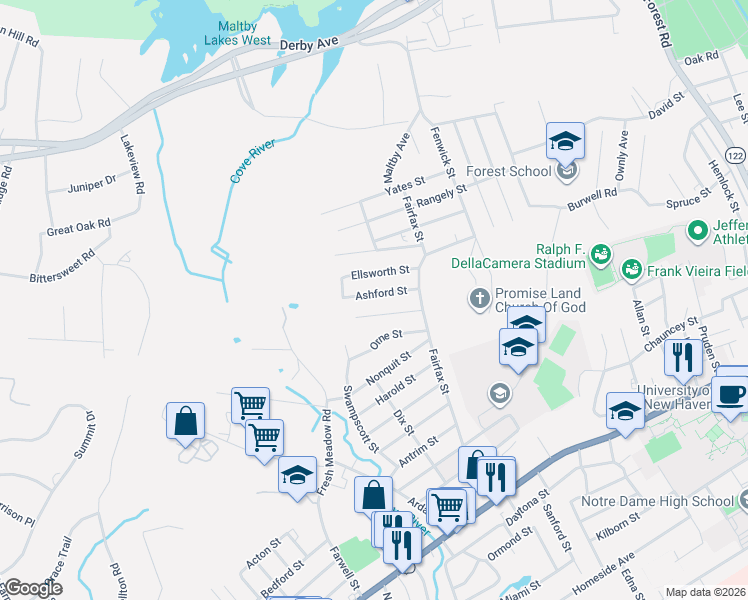map of restaurants, bars, coffee shops, grocery stores, and more near 42 Ashford Street in West Haven