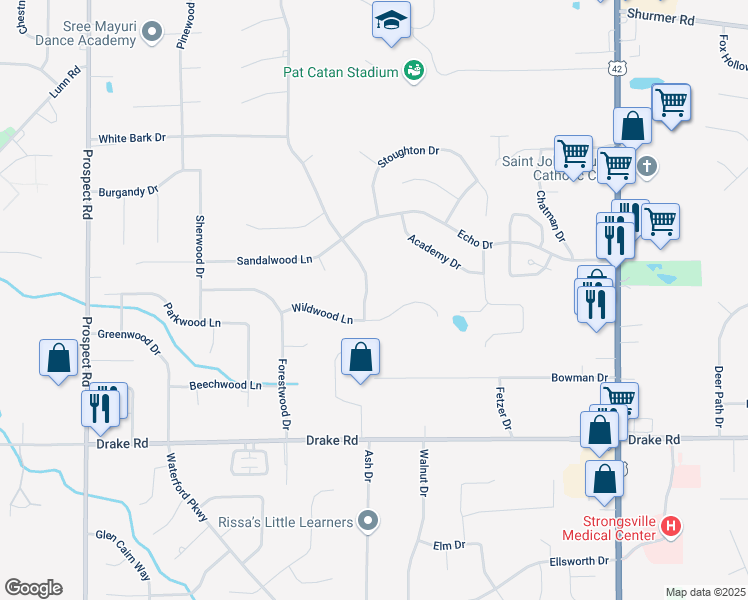 map of restaurants, bars, coffee shops, grocery stores, and more near 16909 Walnut Creek Drive in Strongsville