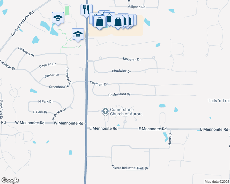 map of restaurants, bars, coffee shops, grocery stores, and more near 97 Chelmsford Drive in Aurora