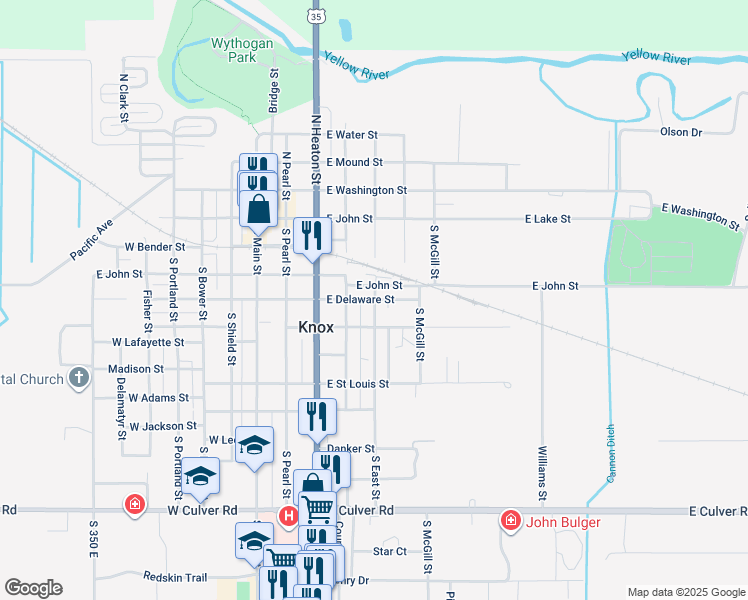 map of restaurants, bars, coffee shops, grocery stores, and more near 398 E Delaware St in Knox