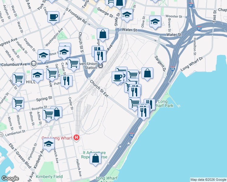 map of restaurants, bars, coffee shops, grocery stores, and more near Church Street in New Haven
