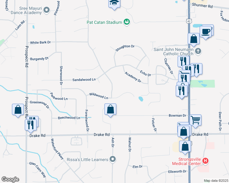 map of restaurants, bars, coffee shops, grocery stores, and more near 16909 Walnut Creek Drive in Strongsville