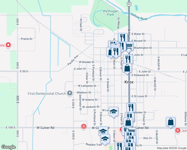 map of restaurants, bars, coffee shops, grocery stores, and more near 299 W Delaware St in Knox