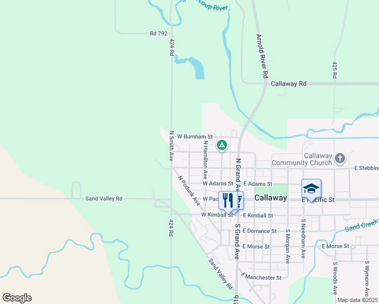 map of restaurants, bars, coffee shops, grocery stores, and more near 303 West Monroe Street in Callaway