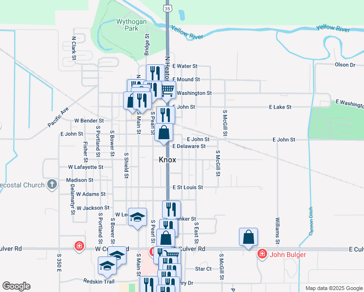 map of restaurants, bars, coffee shops, grocery stores, and more near East Delaware Street in Knox