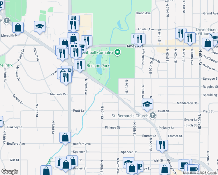 map of restaurants, bars, coffee shops, grocery stores, and more near 6780 Military Avenue in Omaha