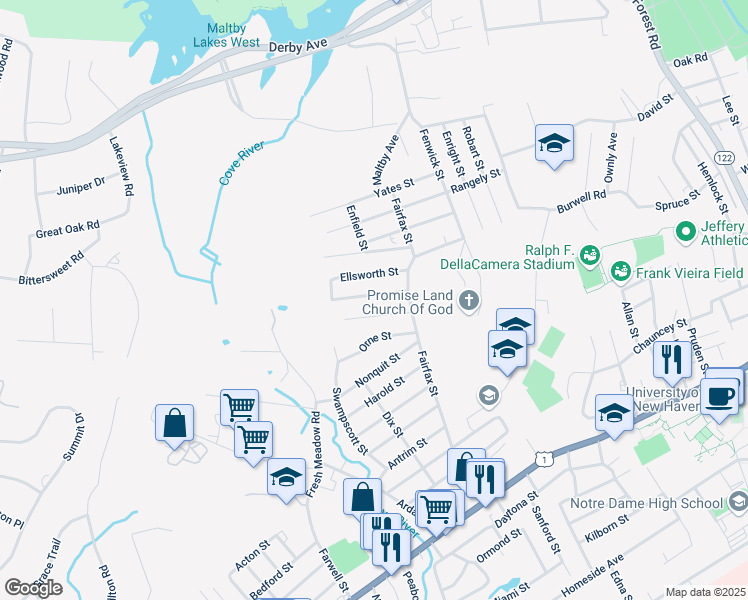 map of restaurants, bars, coffee shops, grocery stores, and more near 36 Ashford Street in West Haven