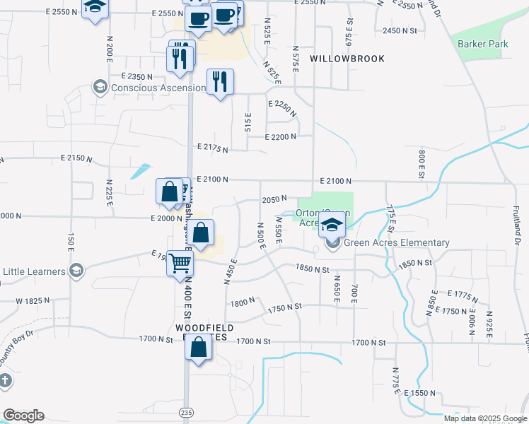 map of restaurants, bars, coffee shops, grocery stores, and more near 2020 North 500 East in Ogden