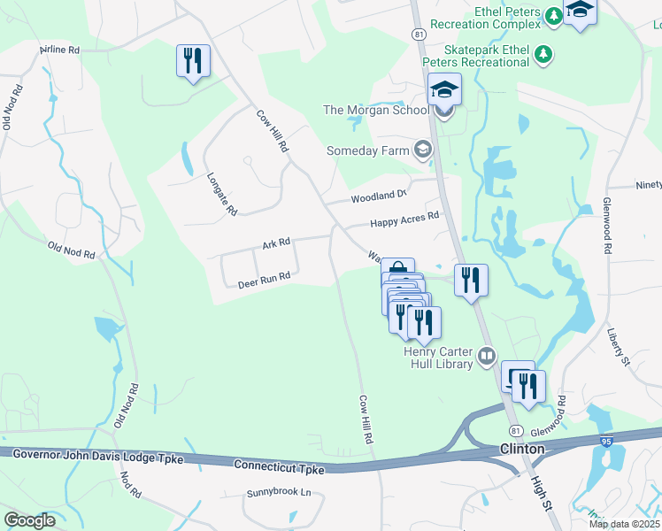 map of restaurants, bars, coffee shops, grocery stores, and more near 83 Cow Hill Road in Clinton