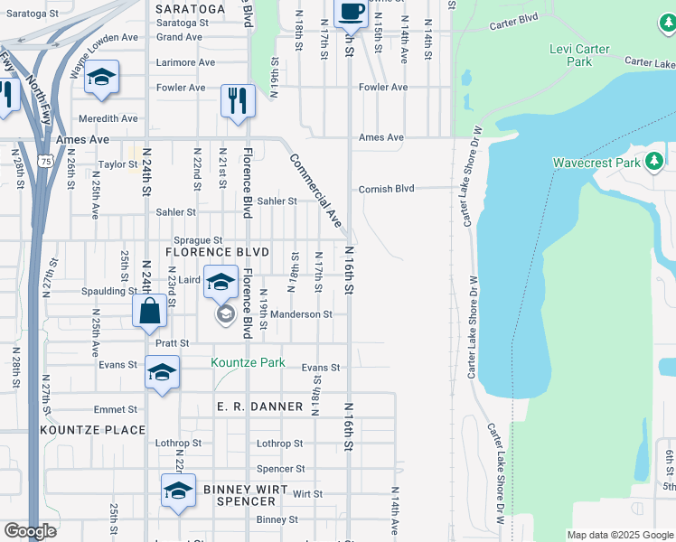 map of restaurants, bars, coffee shops, grocery stores, and more near 3903 North 17th Street in Omaha
