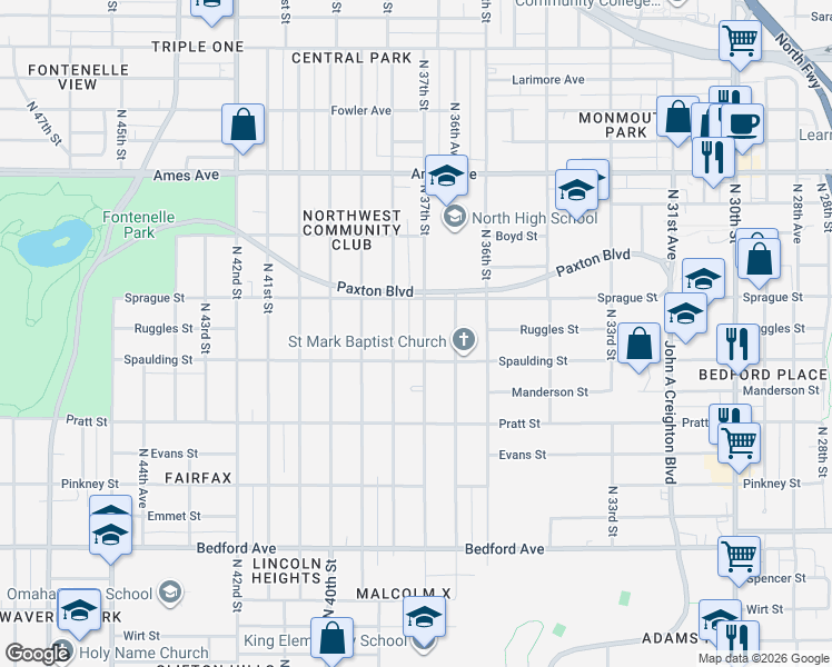 map of restaurants, bars, coffee shops, grocery stores, and more near 3931 North 37th Street in Omaha