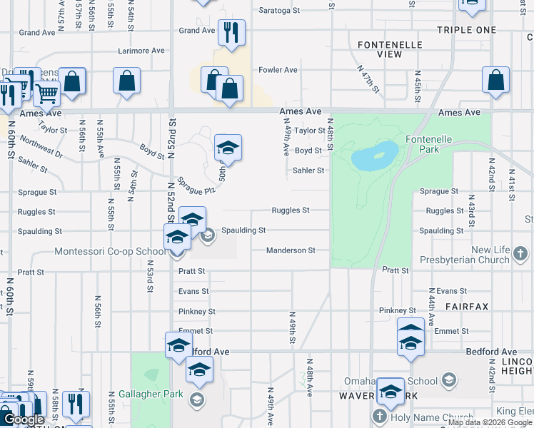 map of restaurants, bars, coffee shops, grocery stores, and more near 4931 Ruggles Street in Omaha