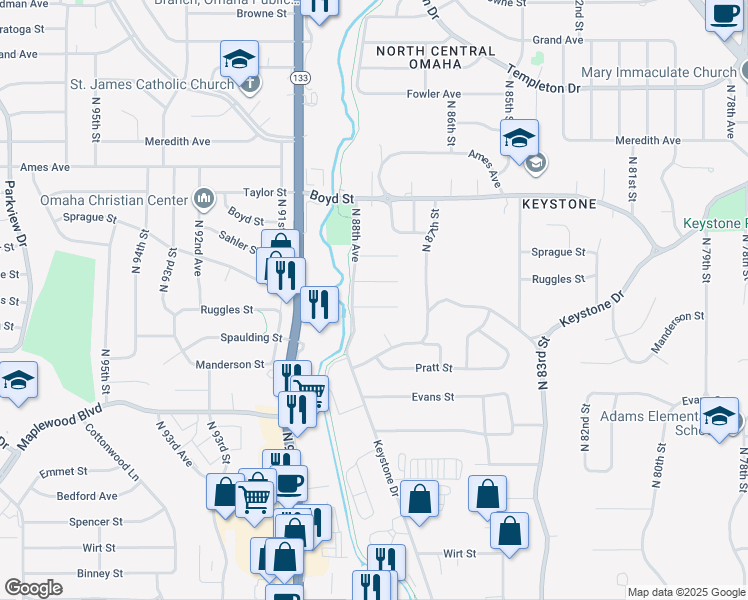 map of restaurants, bars, coffee shops, grocery stores, and more near 8836 Spaulding Circle in Omaha