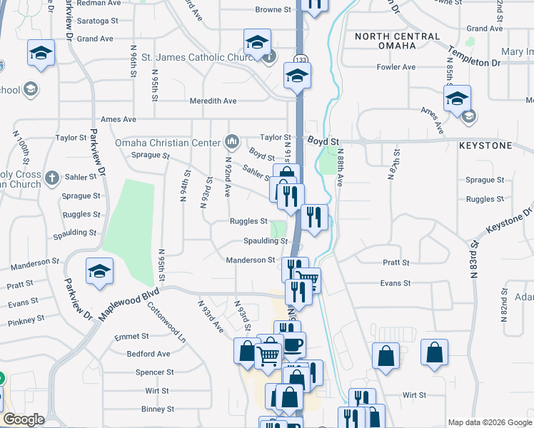 map of restaurants, bars, coffee shops, grocery stores, and more near in Omaha