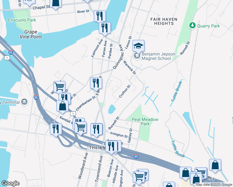 map of restaurants, bars, coffee shops, grocery stores, and more near 100 Judith Terrace in New Haven