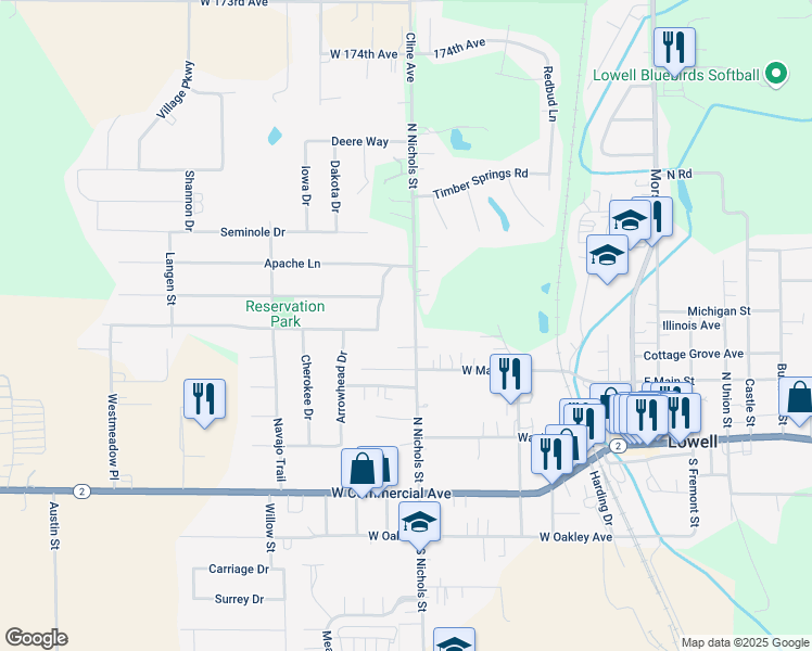 map of restaurants, bars, coffee shops, grocery stores, and more near 353 North Nichols Street in Lowell