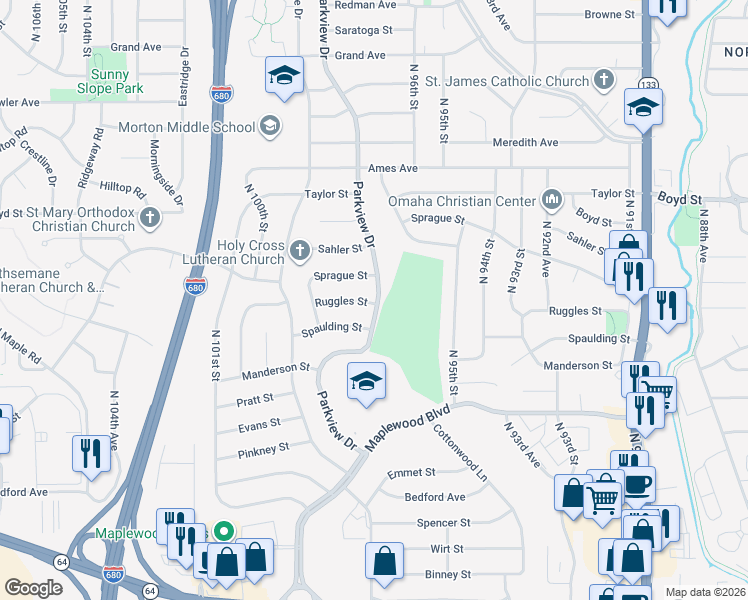 map of restaurants, bars, coffee shops, grocery stores, and more near 9604 Ruggles Street in Omaha