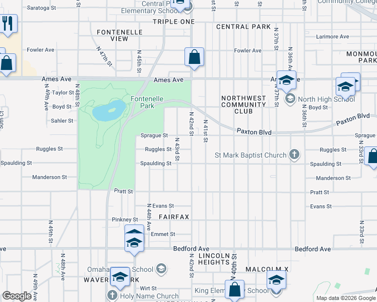 map of restaurants, bars, coffee shops, grocery stores, and more near 3928 North 42nd Street in Omaha