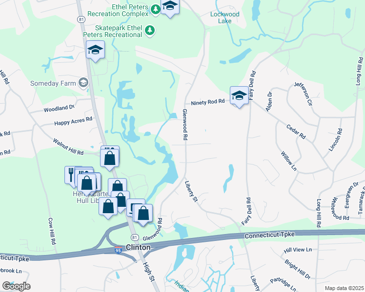 map of restaurants, bars, coffee shops, grocery stores, and more near 69 Glenwood Road in Clinton