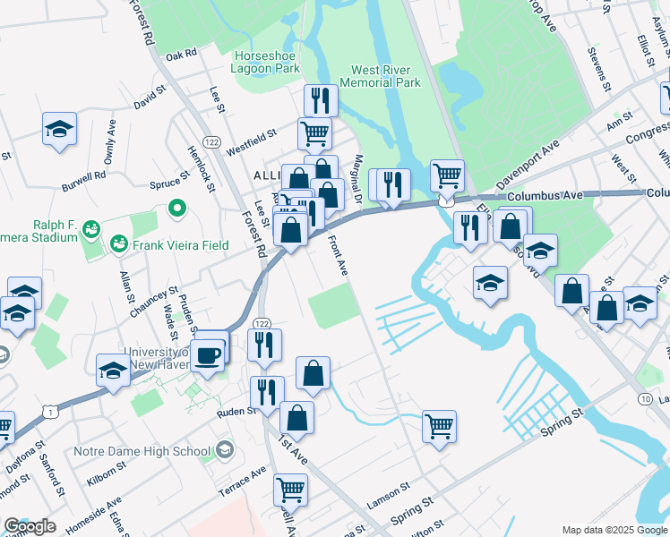map of restaurants, bars, coffee shops, grocery stores, and more near 426 Front Avenue in West Haven