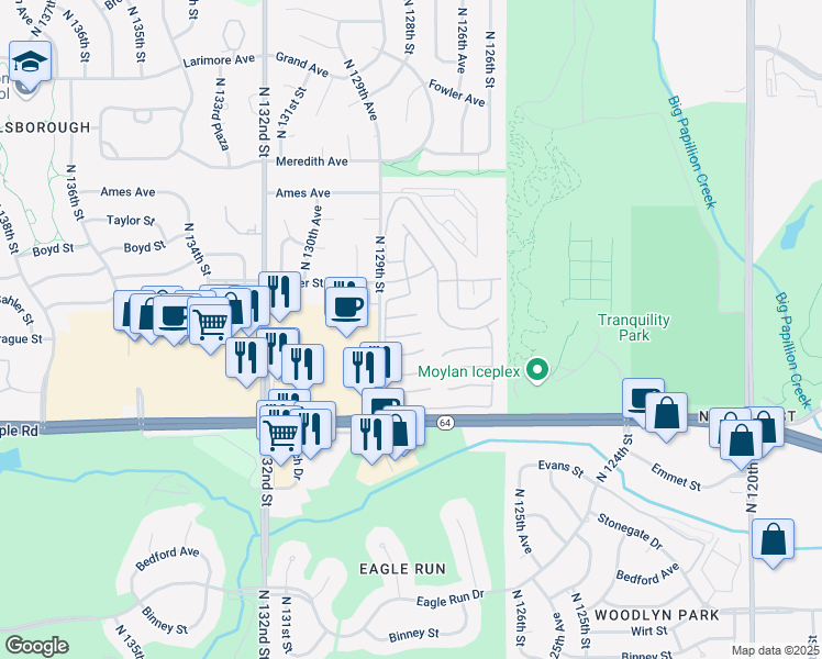 map of restaurants, bars, coffee shops, grocery stores, and more near 12814 Glenvale Plaza in Omaha