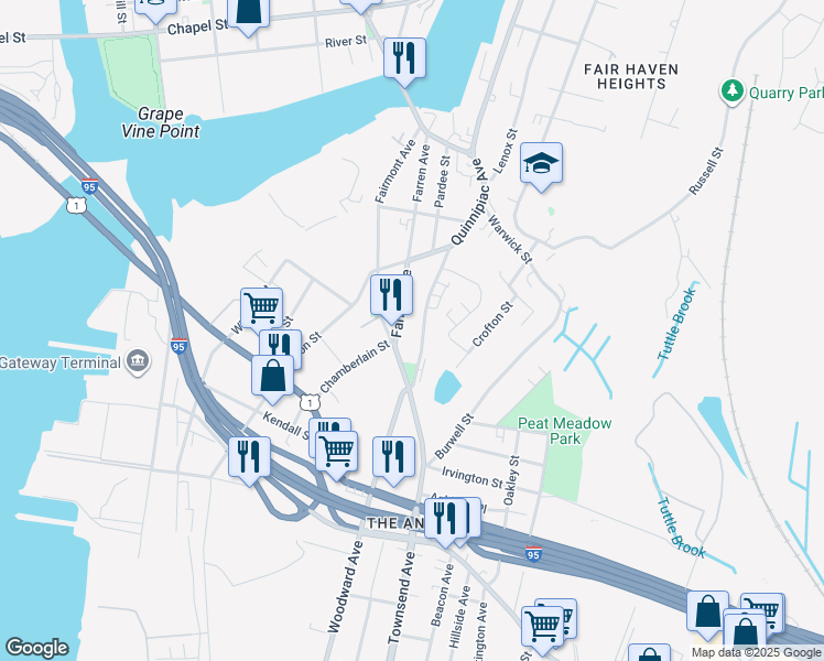 map of restaurants, bars, coffee shops, grocery stores, and more near 17 Farren Avenue in New Haven