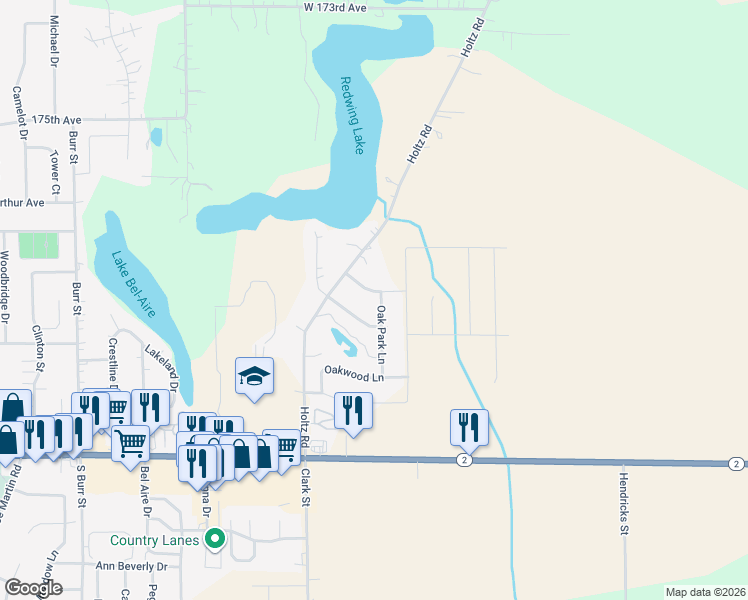 map of restaurants, bars, coffee shops, grocery stores, and more near 17806 Oak Park Lane in Lowell