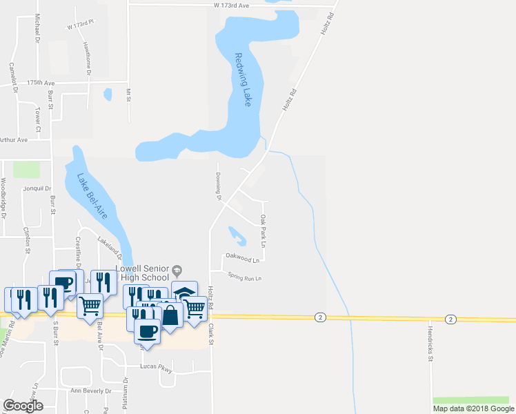 map of restaurants, bars, coffee shops, grocery stores, and more near 17806 Oak Park Lane in Lowell