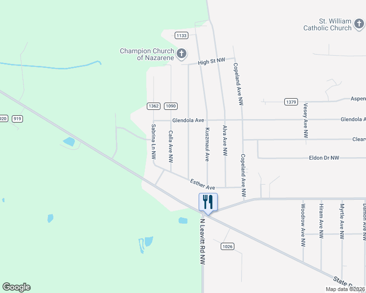 map of restaurants, bars, coffee shops, grocery stores, and more near 5135 Craig Avenue Northwest in Warren