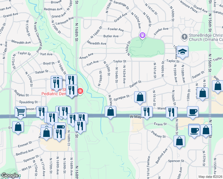 map of restaurants, bars, coffee shops, grocery stores, and more near 16422 Sahler Street in Omaha
