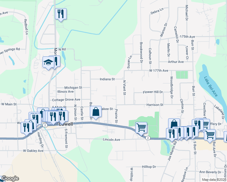 map of restaurants, bars, coffee shops, grocery stores, and more near 235 Prairie Street in Lowell
