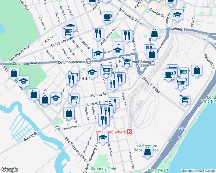 map of restaurants, bars, coffee shops, grocery stores, and more near 505 Howard Avenue in New Haven