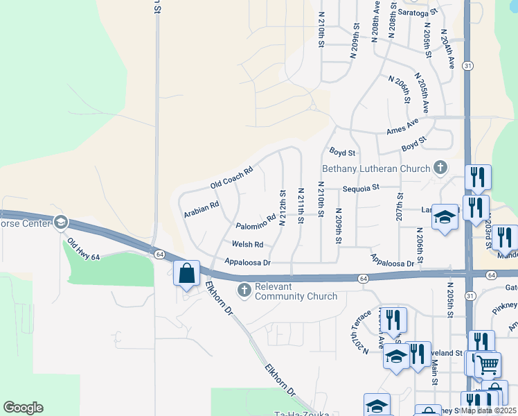 map of restaurants, bars, coffee shops, grocery stores, and more near 4005 North 213th Circle in Omaha