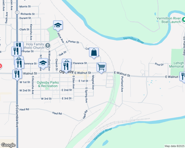 map of restaurants, bars, coffee shops, grocery stores, and more near 323 East Walnut Street in Oglesby