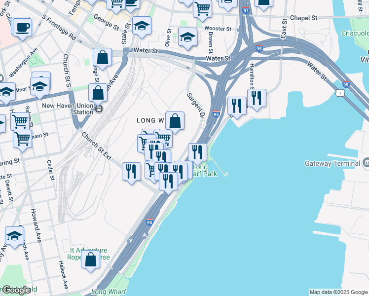 map of restaurants, bars, coffee shops, grocery stores, and more near 450 Sargent Drive in New Haven
