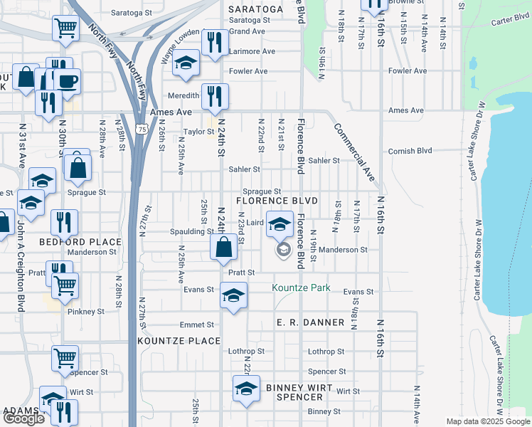 map of restaurants, bars, coffee shops, grocery stores, and more near 3915 North 22nd Street in Omaha