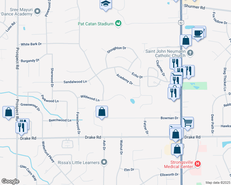 map of restaurants, bars, coffee shops, grocery stores, and more near 20182 Wildwood Lane in Strongsville
